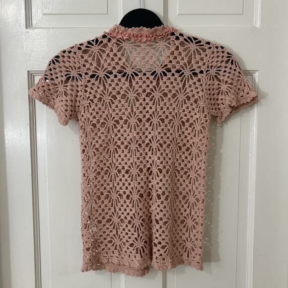 Crochet Open Weave Lace Trim Pink Short Sleeve Boho Whimsy Fairy Cardigan Sz XS? - Picture 3 of 4